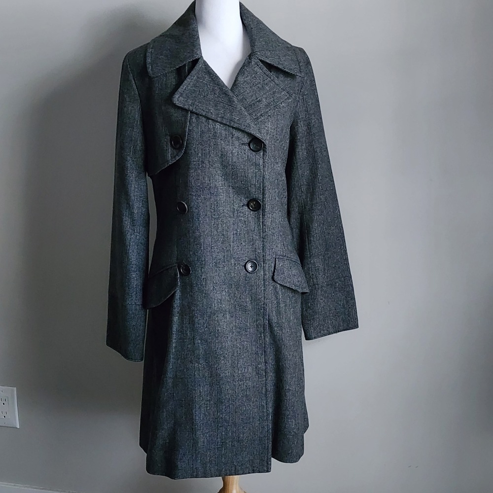 Plaid Trench Coat Womens 8 Gray Double Breasted Peacoat Professional Career Work